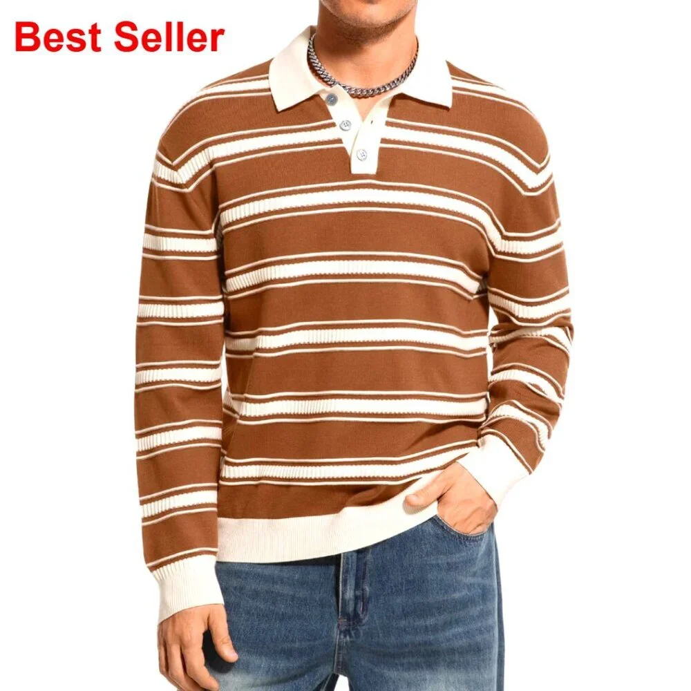Men's Striped Long Sleeve Polo Sweater, Lightweight Knit Pullover